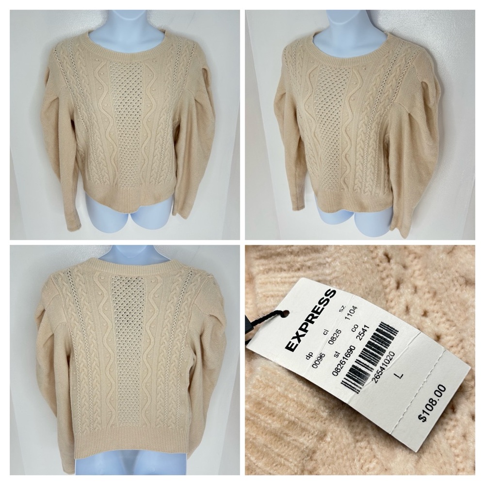 EXPRESS NWT Cream Cozy Cable Knit Puff Sleeve Sweater Large Wool Blend Soft
